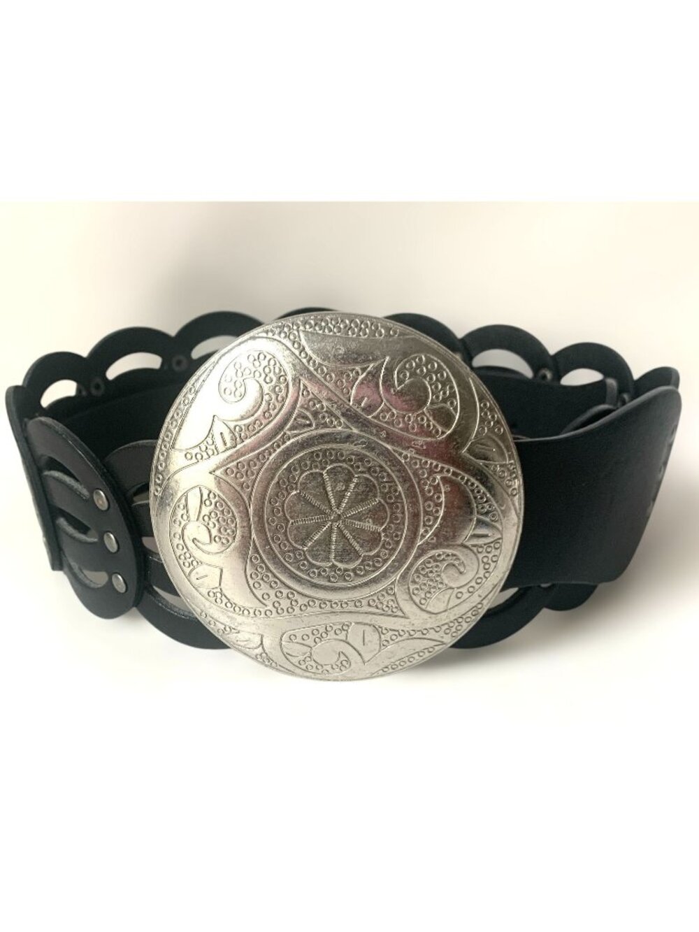 Womens Faux Black Leather Belt With 3.75" Embossed Silver-Tone Buckle Retro